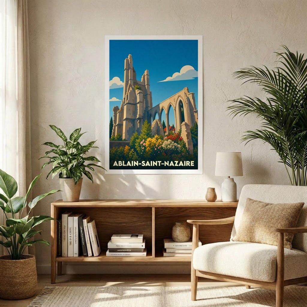 Affiche souvenir de la ville d'Ablain-Saint-Nazaire représentant les ruines de l'église avec une illustration stylisée et colorée.