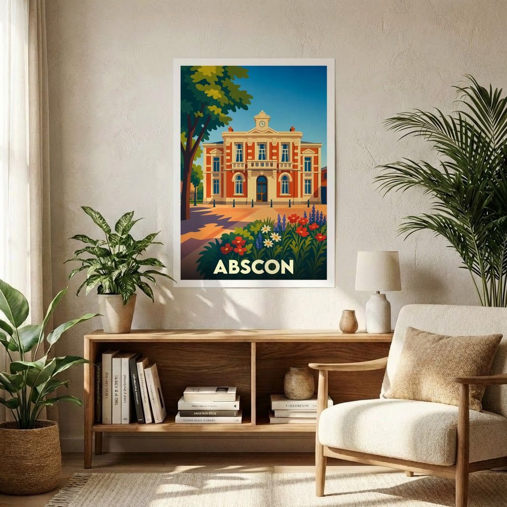 Affiche souvenir de la ville d'Abscon avec une illustration stylisée de son hôtel de ville fleuri.