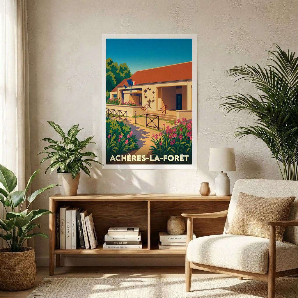 Affiche souvenir de la ville d'Achères-la-Forêt présentant une illustration stylisée et colorée d'un bâtiment emblématique entouré de fleurs.