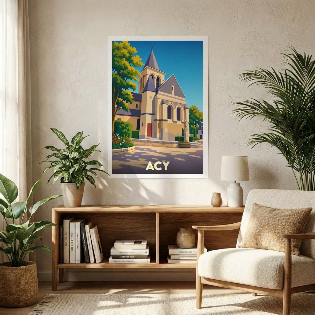 Affiche souvenir de la ville d'Acy représentant son église dans un style graphique épuré et coloré.