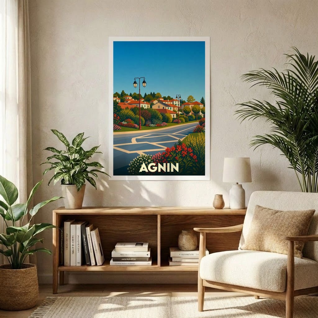 Affiche souvenir de la ville d'Agnin présentant une illustration stylisée d'un paysage urbain fleuri.