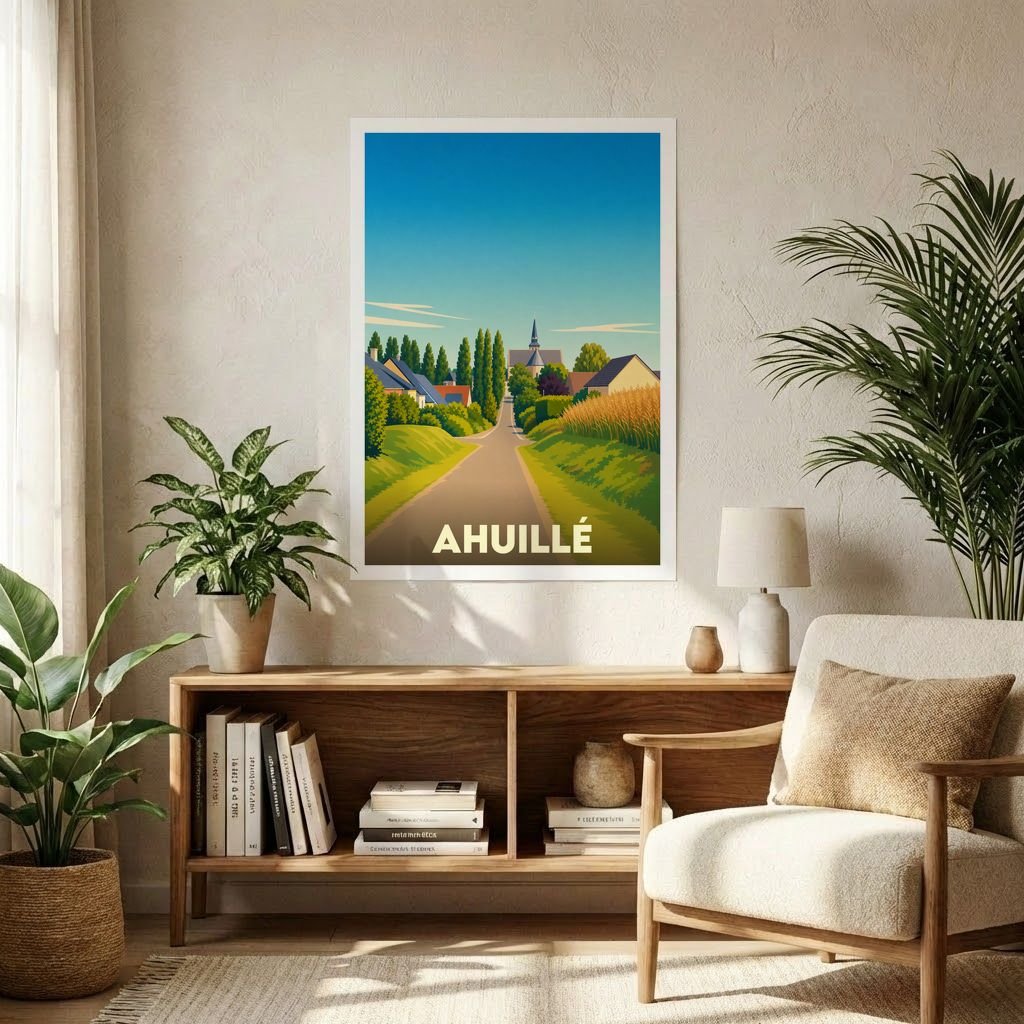 Affiche souvenir de la ville d'Ahuillé avec une illustration paysagère stylisée.