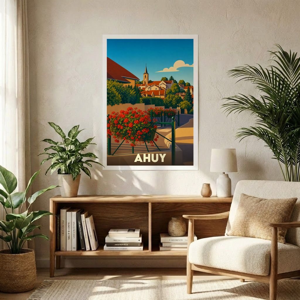 Affiche souvenir de la ville d'Ahuy représentant une vue illustrée du village dans un style rétro.