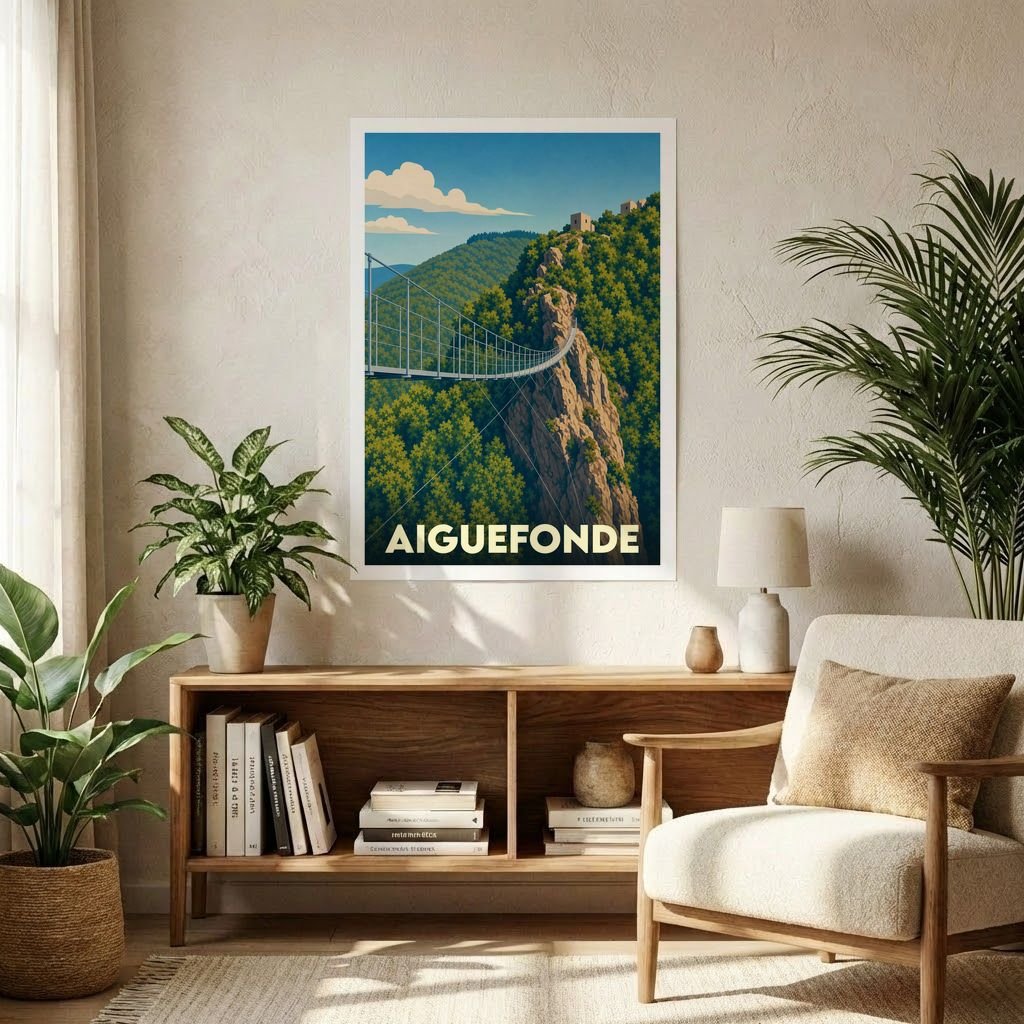 Affiche souvenir de la ville d'Aiguefonde illustrant sa célèbre passerelle suspendue dans un style vintage.