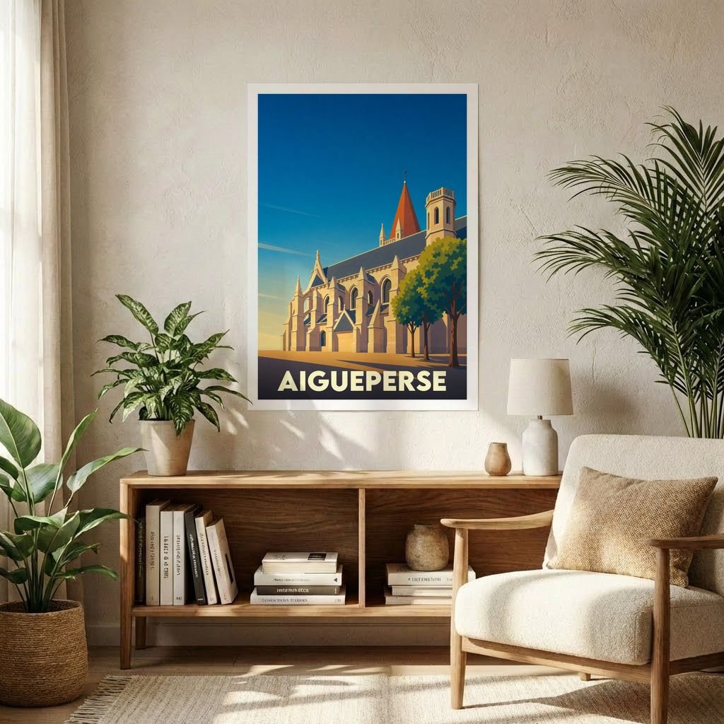 Affiche souvenir de la ville d'Aigueperse représentant son église dans un style graphique épuré.