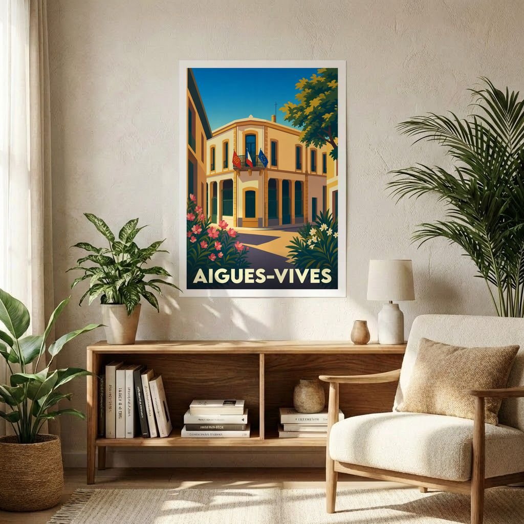 Affiche souvenir de la ville d'Aigues-Vives avec une illustration stylisée et colorée de son architecture.