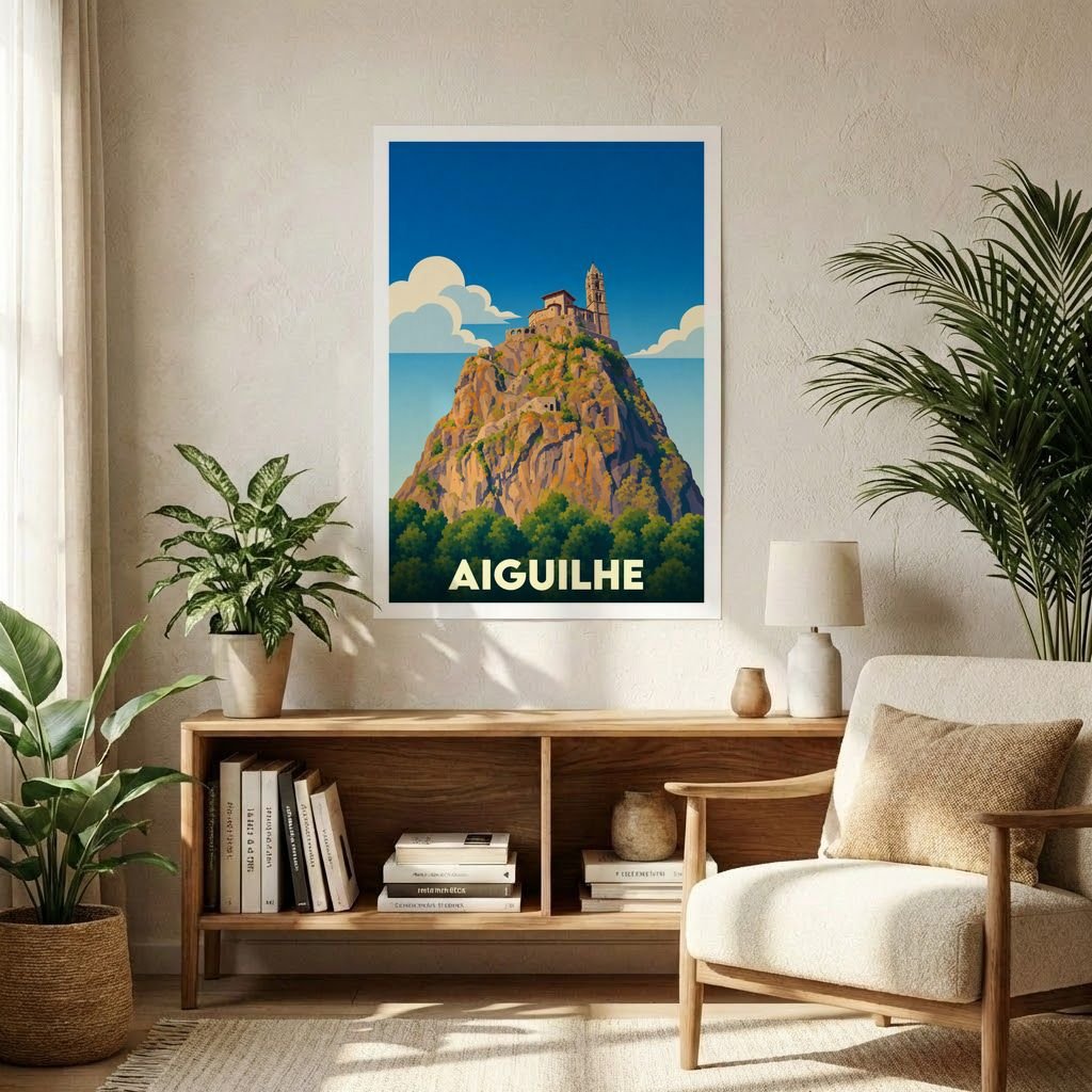 Affiche souvenir de la ville d'Aiguilhe représentant une illustration stylisée de son rocher et de sa chapelle.