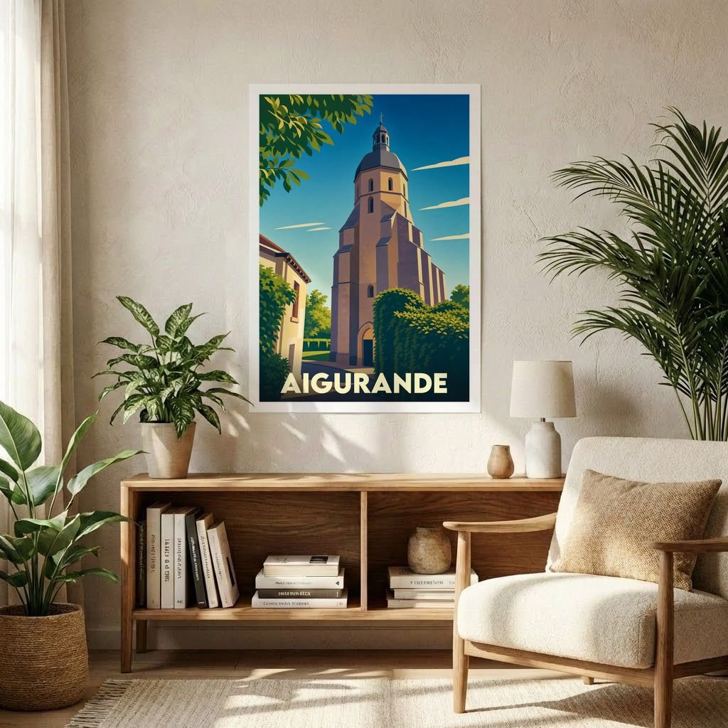 Affiche souvenir de la ville d'Aigurande avec une illustration stylisée de son église.