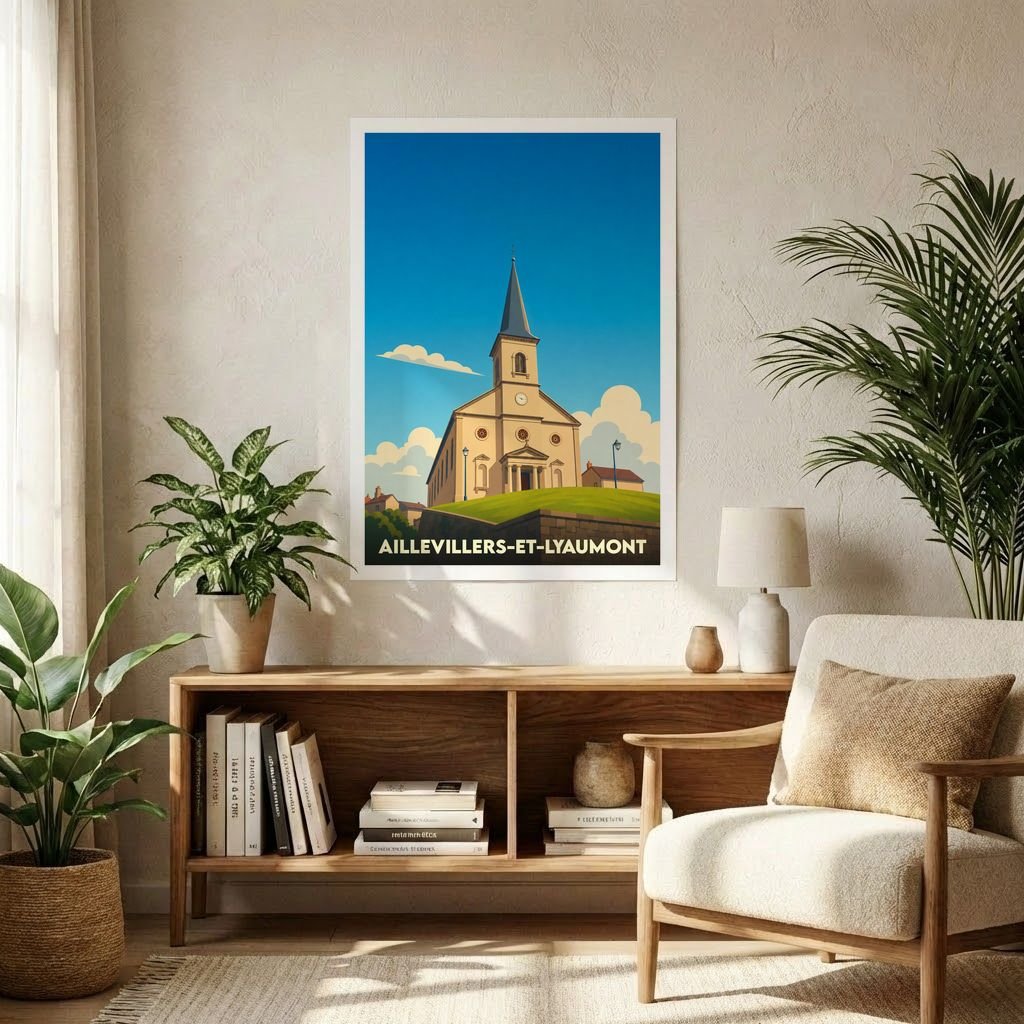 Affiche souvenir de la ville de Aillevillers-et-Lyaumont représentant son église dans un style graphique épuré.