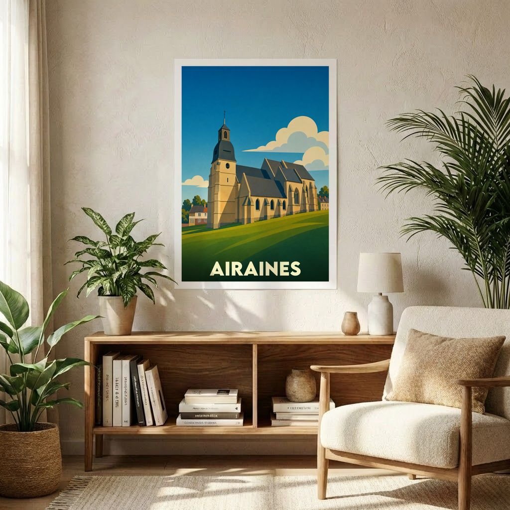 Affiche souvenir de la ville de Airaines avec une illustration stylisée de son église sur une colline verdoyante.