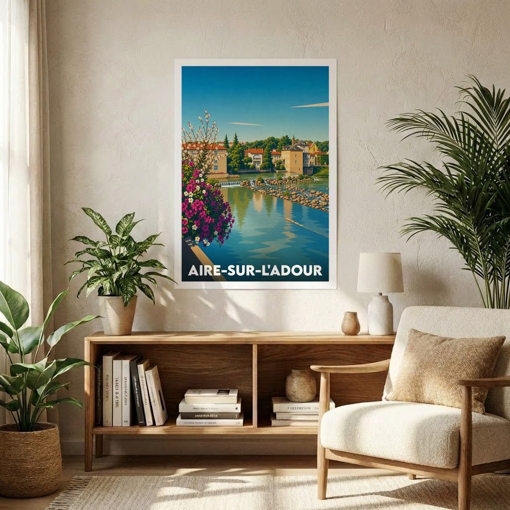 Affiche souvenir de la ville d’Aire-sur-l'Adour illustrant un paysage fluvial paisible dans un style graphique épuré.