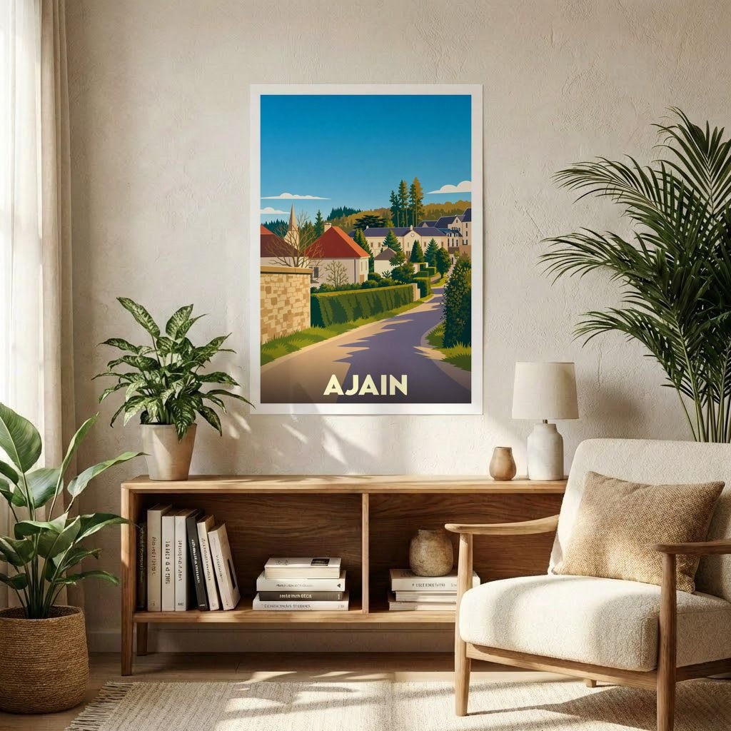 Affiche souvenir de la ville de Ajain présentant une illustration stylisée d'une rue paisible et de maisons de village.