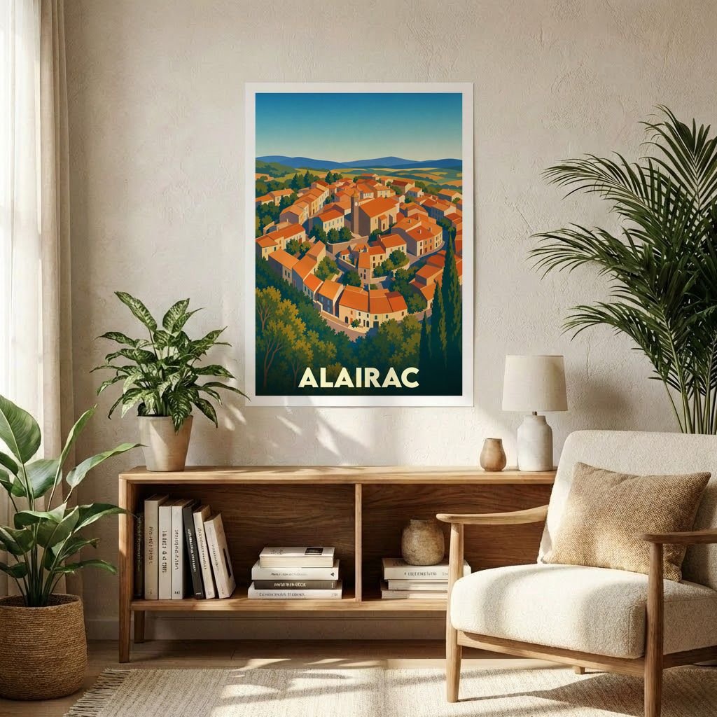 Affiche souvenir de la ville d'Alairac avec une illustration stylisée d'un village circulaire niché dans un paysage vallonné.