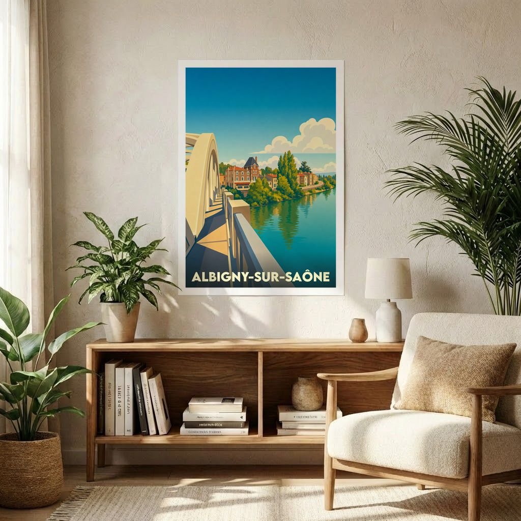 Affiche souvenir de la ville d'Albigny-sur-Saône avec une illustration stylisée d'un pont enjambant la rivière.