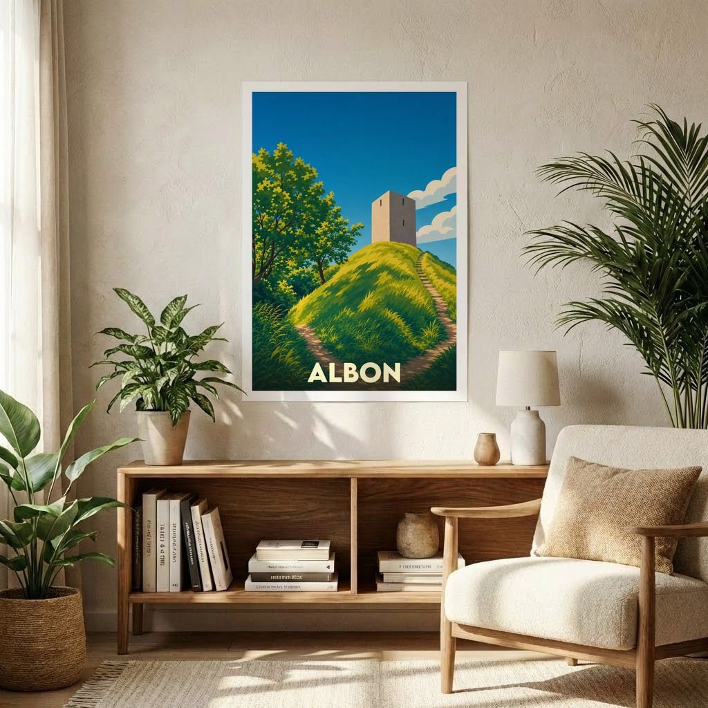 Affiche souvenir de la ville d'Albon présentant une illustration stylisée de sa tour médiévale sur une colline verdoyante.