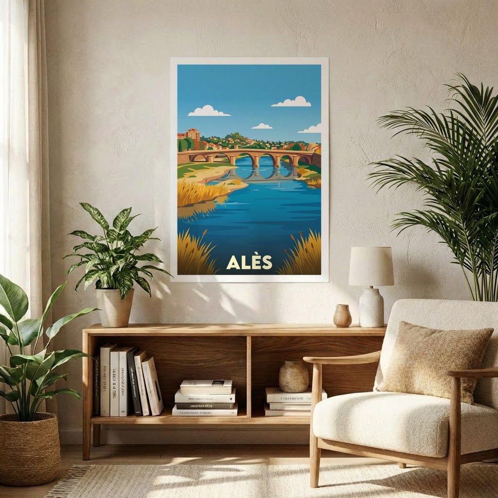 Affiche souvenir de la ville d'Alès avec une illustration stylisée représentant un pont enjambant une rivière.