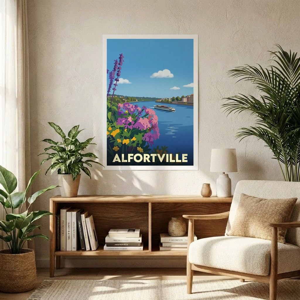 Affiche souvenir de la ville d'Alfortville avec une illustration stylisée d'un paysage fluvial.