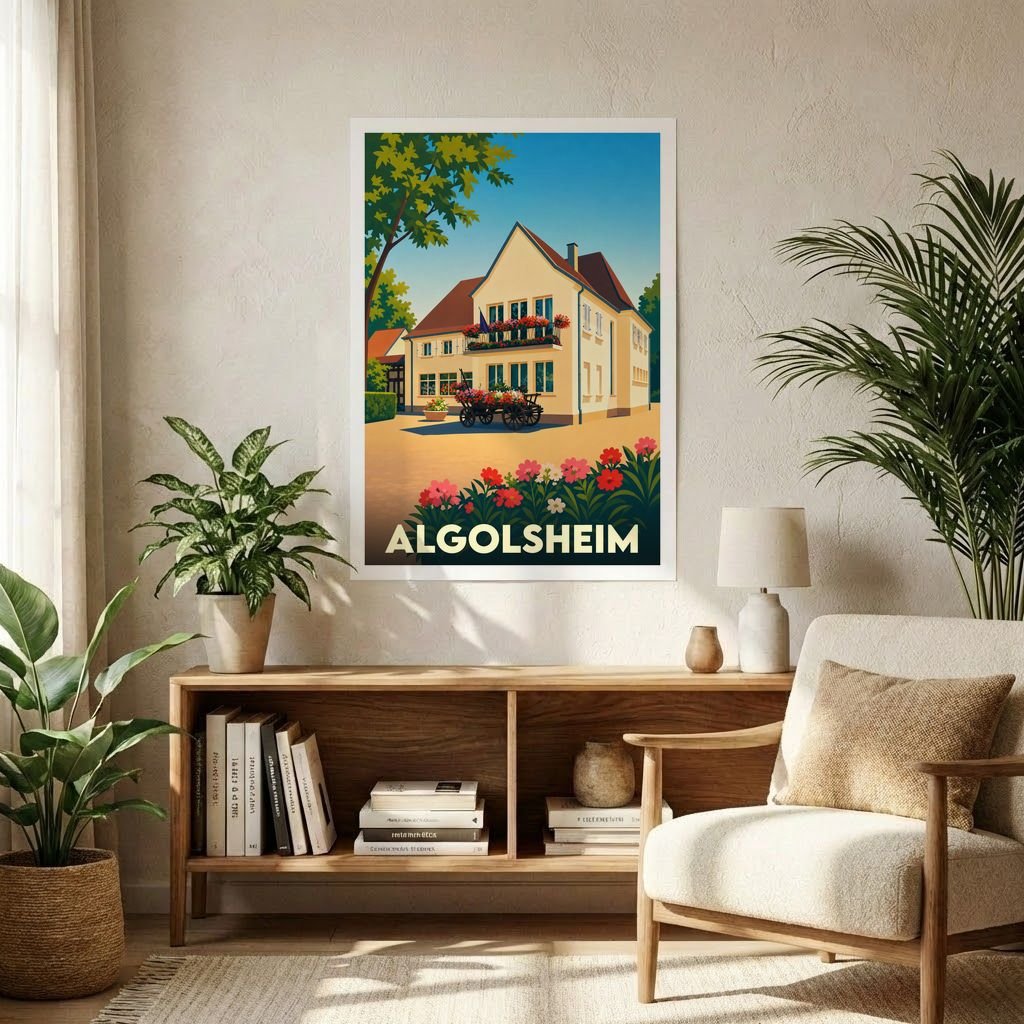 Affiche souvenir de la ville de Algolsheim présentant une illustration stylisée d'une maison traditionnelle fleurie.