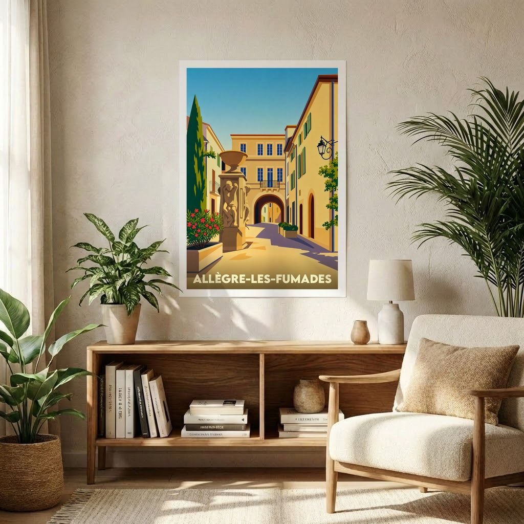 Affiche de style vintage de la ville d'Allègre-les-Fumades avec une illustration stylisée d'une rue ensoleillée.