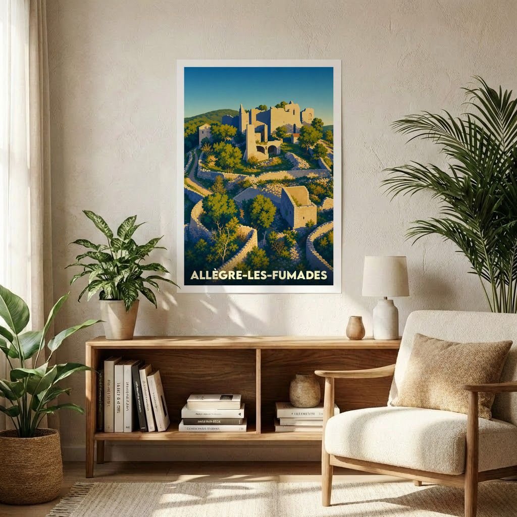 Affiche souvenir de la ville d'Allègre-les-Fumades avec une illustration stylisée d'un village perché méditerranéen.