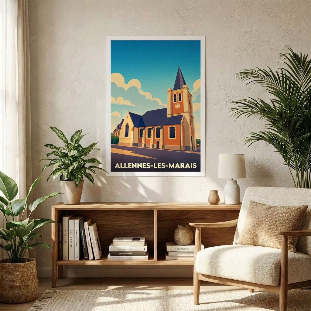 Affiche souvenir de la ville de Allennes-les-Marais avec une illustration stylisée de son église sous un ciel azur.