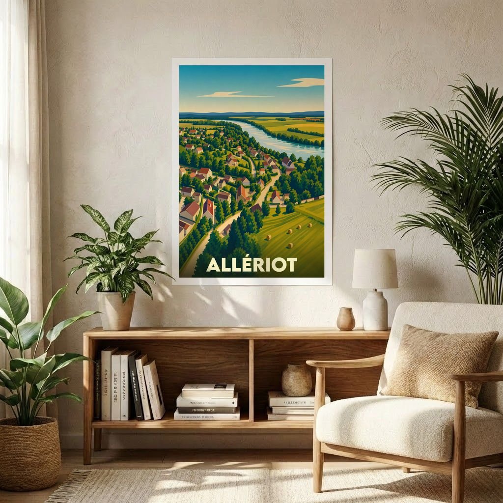 Affiche souvenir de la ville d'Allériot avec une illustration stylisée de son paysage rural.