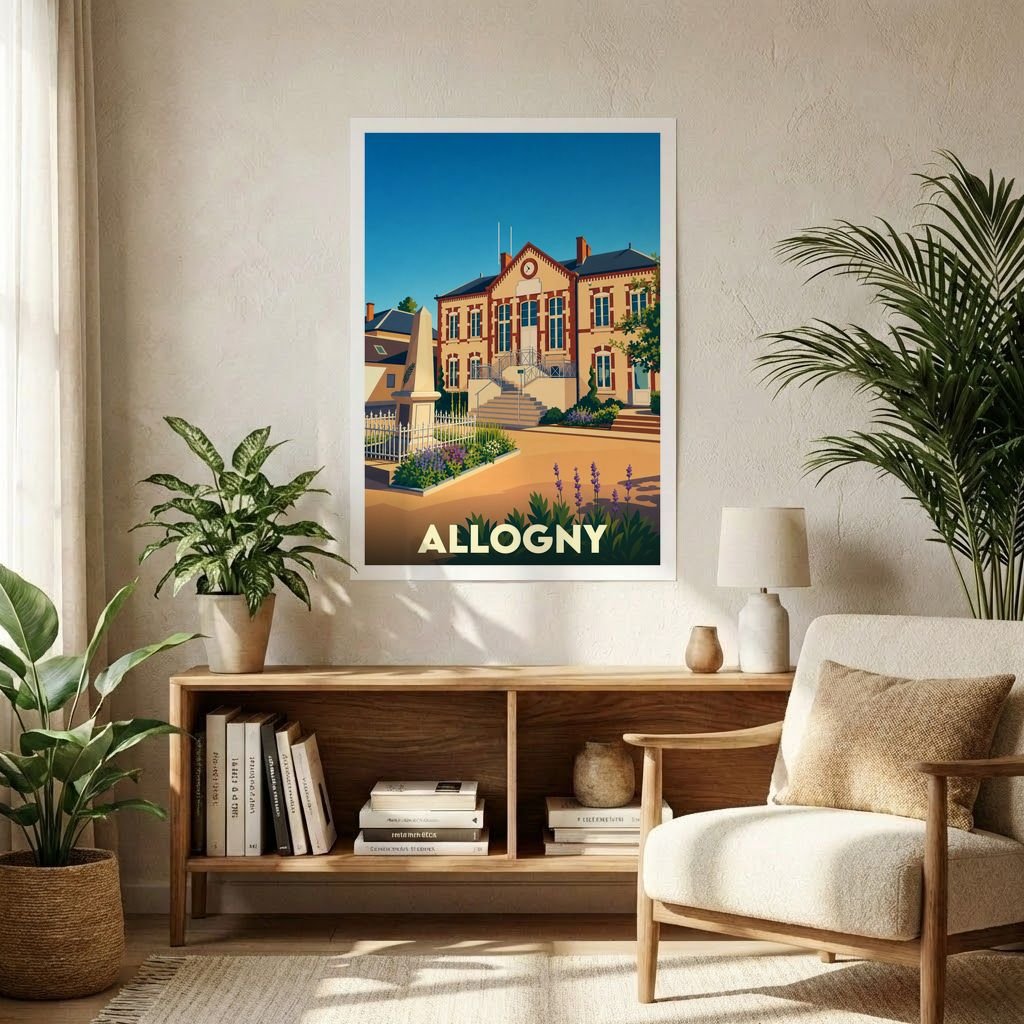 Affiche souvenir de la ville d'Allogny avec une illustration stylisée de sa mairie et de son monument aux morts.