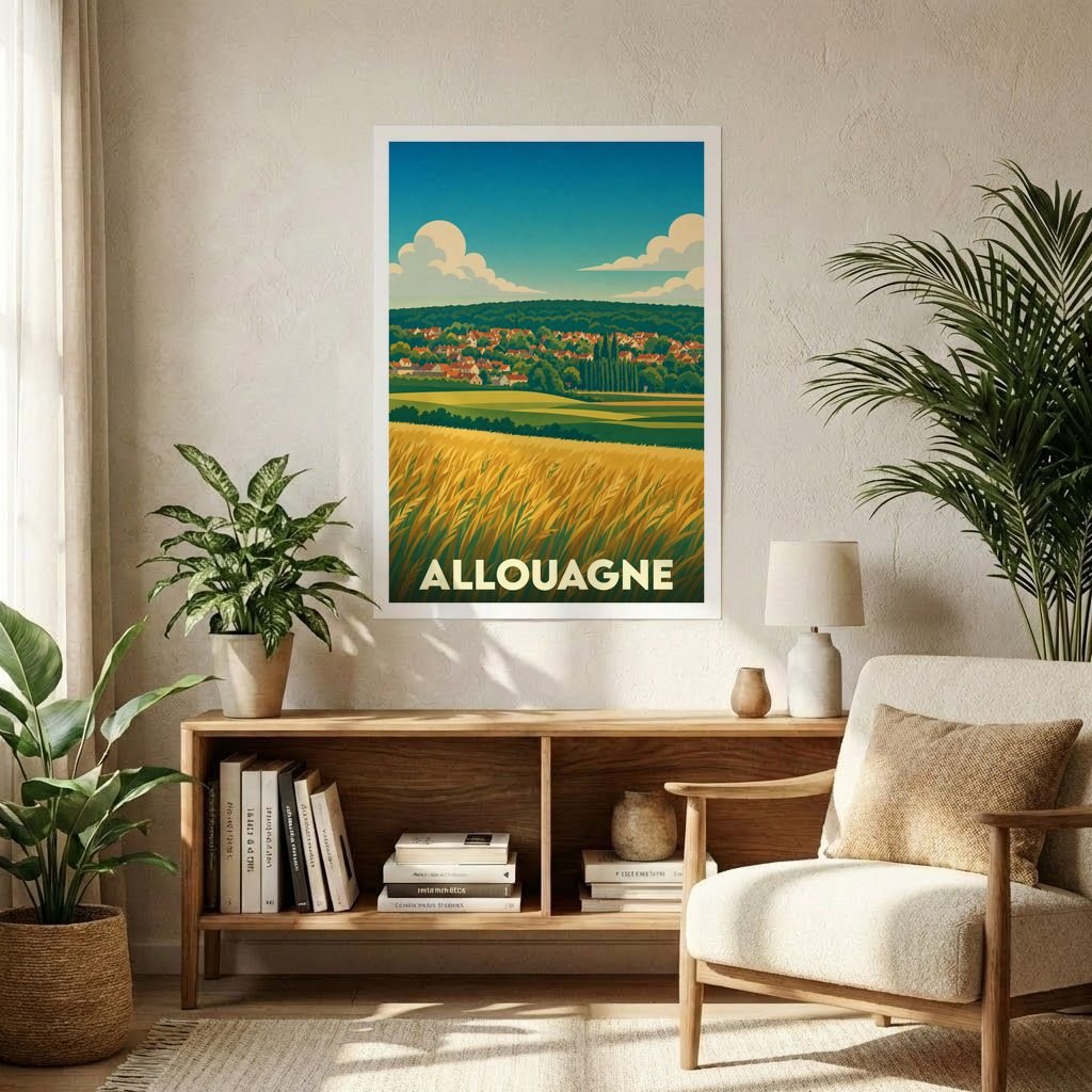 Affiche souvenir de la ville d'Allouagne avec une illustration stylisée d'un paysage champêtre.