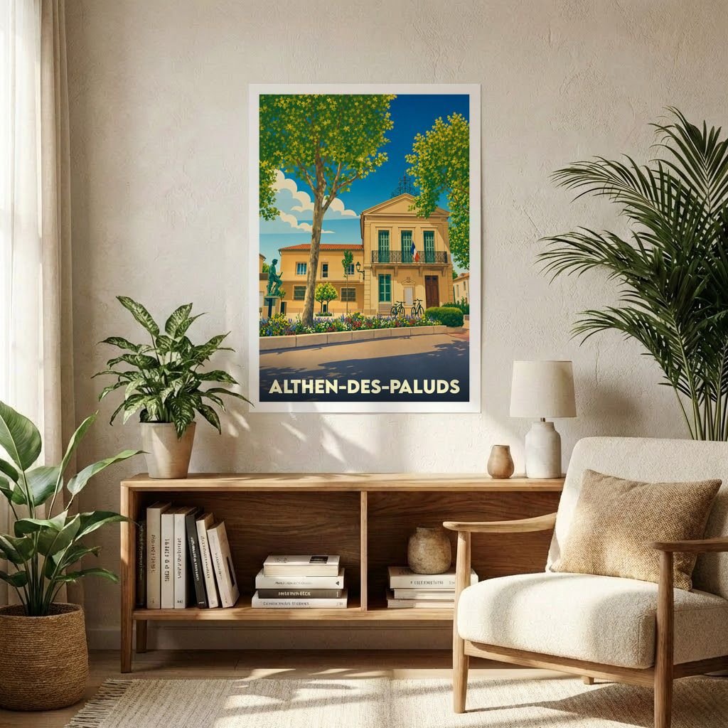 Affiche souvenir de la ville d'Althen-des-Paluds avec une illustration stylisée de son hôtel de ville sous un ciel ensoleillé.