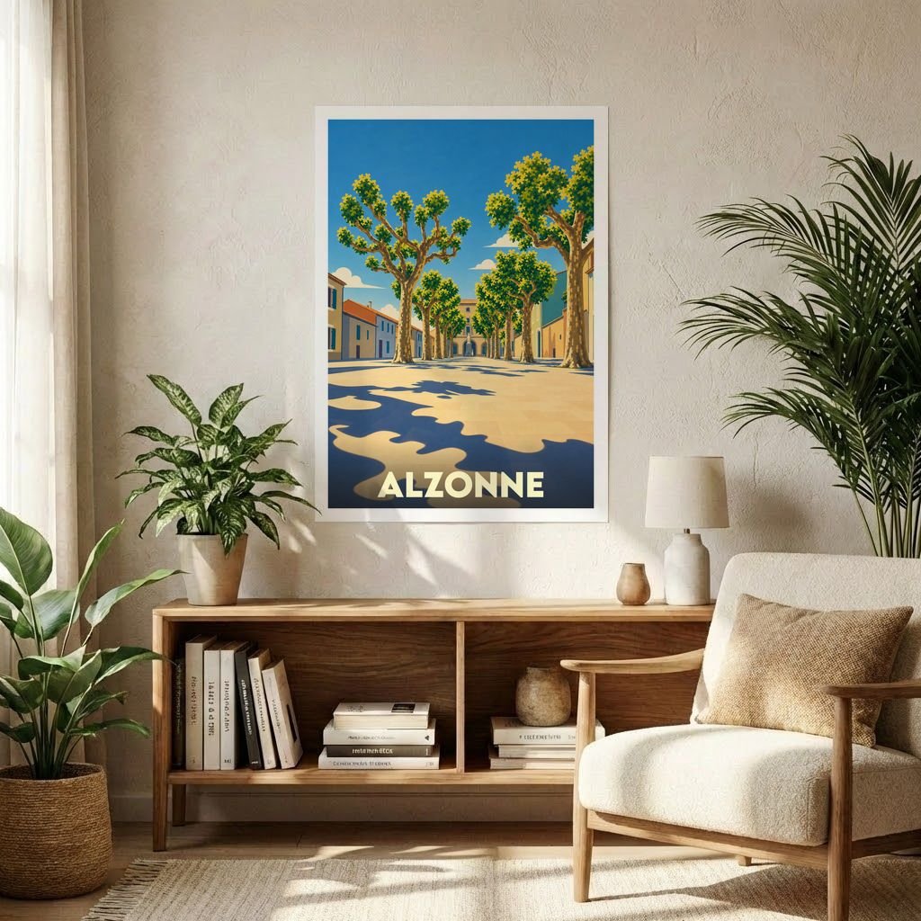 Affiche souvenir de la ville d'Alzonne avec une illustration stylisée d'une place ensoleillée bordée de platanes.