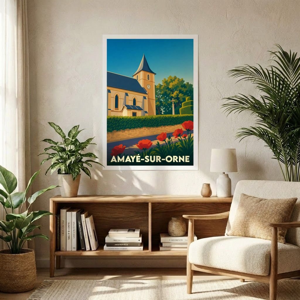 Affiche souvenir de la ville de Amayé-sur-Orne avec une illustration stylisée de son église et de fleurs champêtres.