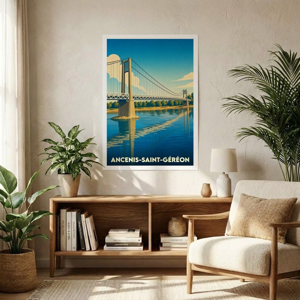 Affiche souvenir de la ville de Ancenis-Saint-Géréon avec une illustration stylisée de son pont suspendu.