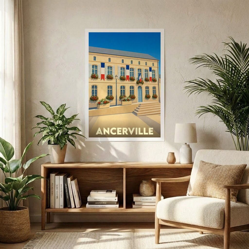 Affiche souvenir de la ville d'Ancerville avec une illustration stylisée d'un bâtiment officiel orné de drapeaux français.