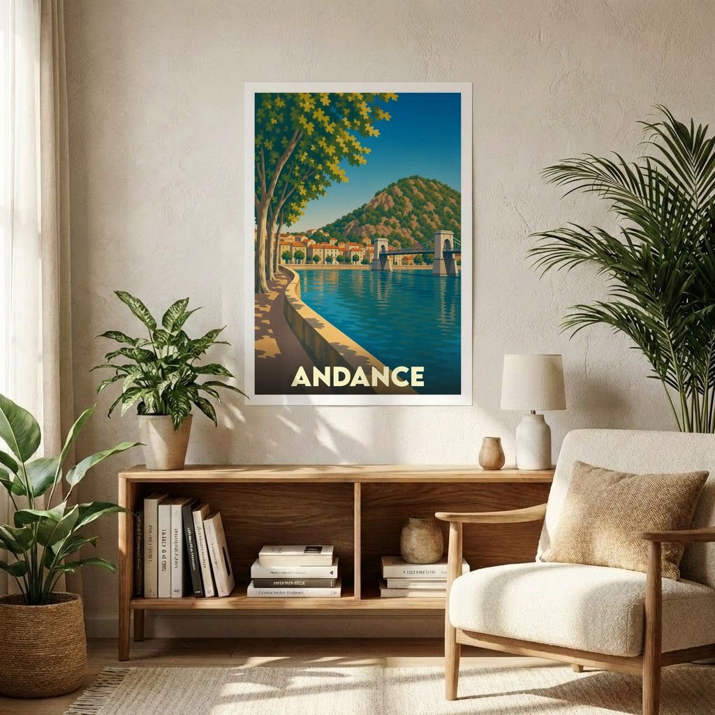 Affiche souvenir de la ville de Andance représentant ses quais et son pont suspendu dans un style illustré.