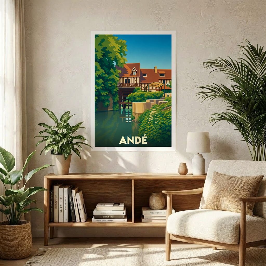 Affiche souvenir de la ville d'Andé avec une illustration stylisée d'un moulin au bord de l'eau.