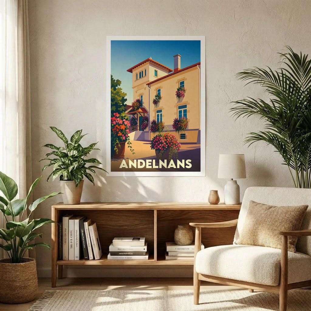 Affiche souvenir de la ville d'Andelnans avec une illustration stylisée d'un bâtiment fleuri.