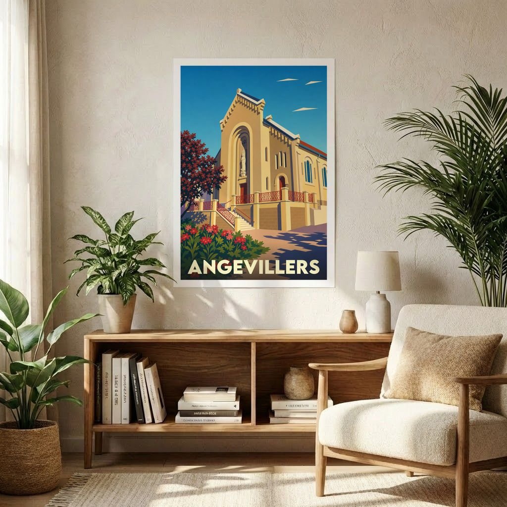 Affiche souvenir de la ville d'Angevillers avec une illustration stylisée de son église sous un ciel bleu.