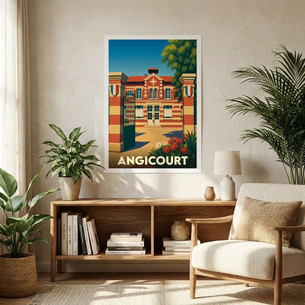 Affiche souvenir de la ville de Angicourt avec une illustration stylisée d'un bâtiment historique.