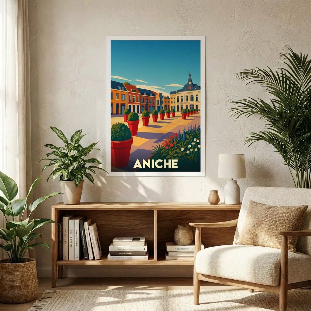 Affiche souvenir de la ville d'Aniche avec une illustration stylisée et colorée de sa place principale.