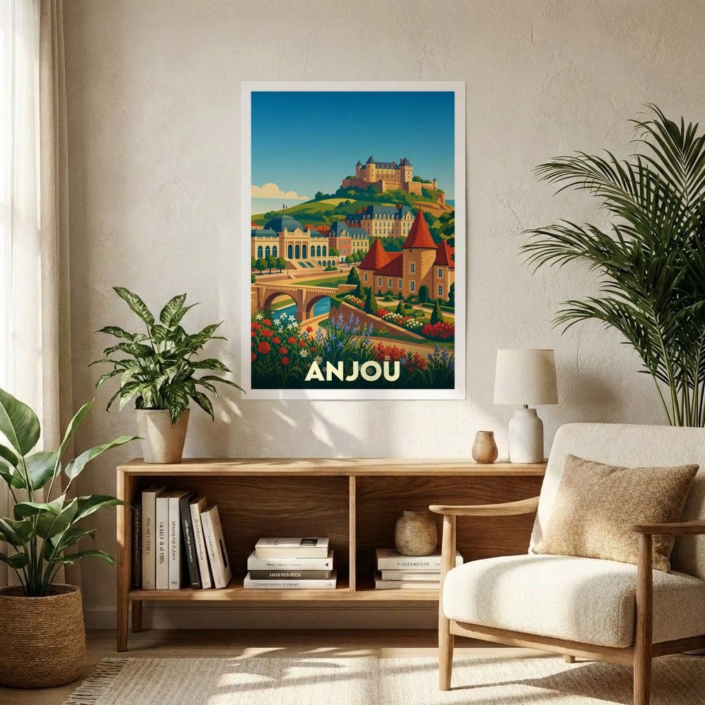 Affiche souvenir de la ville de Anjou avec une illustration colorée et stylisée de son paysage urbain et de son château.