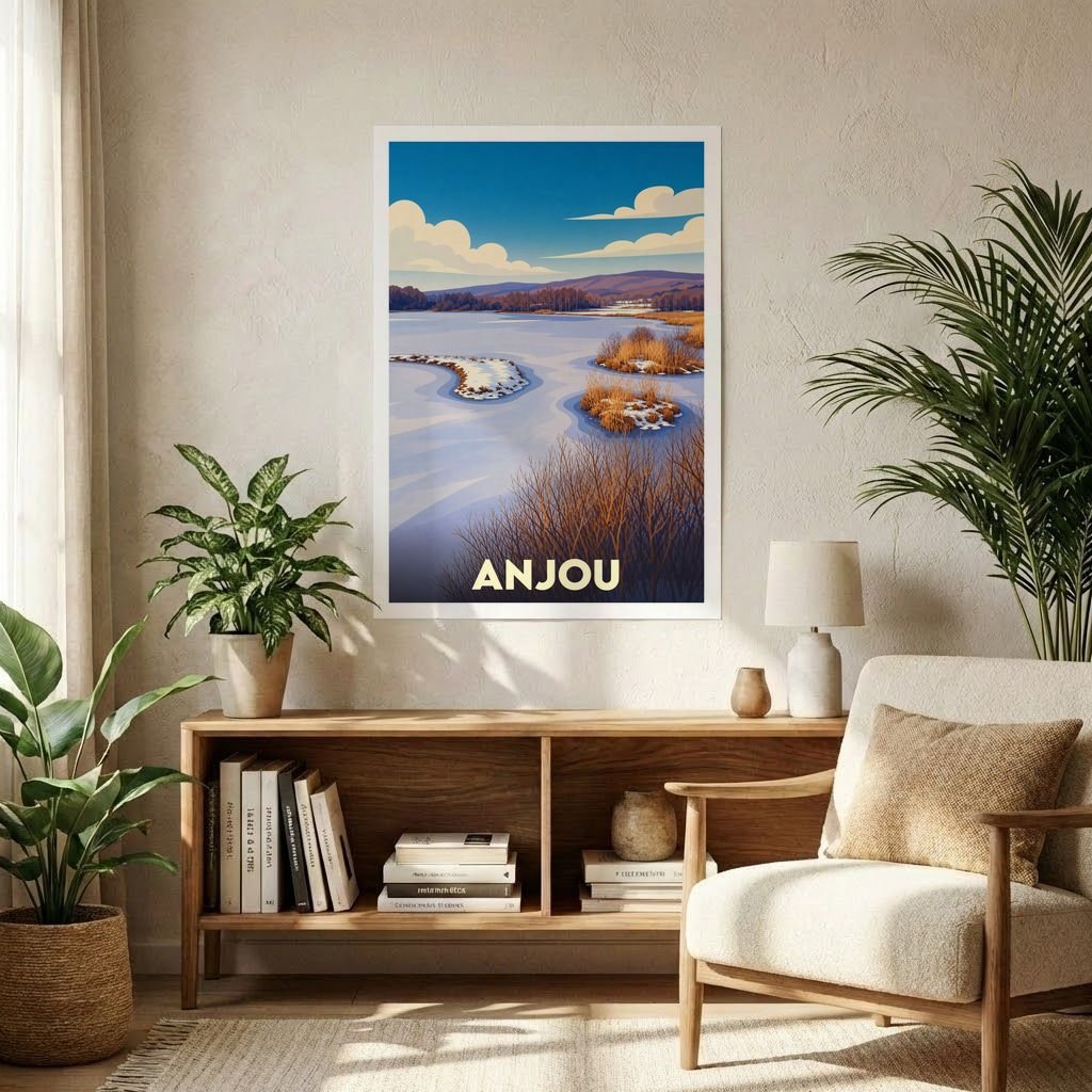 Affiche souvenir de la ville d'Anjou avec une illustration stylisée de son paysage en hiver.