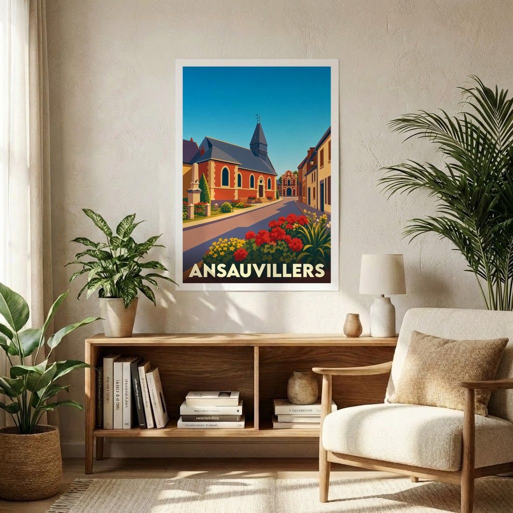 Affiche souvenir de la ville d'Ansauvillers présentant une illustration stylisée et colorée de son église et de ses rues fleuries.