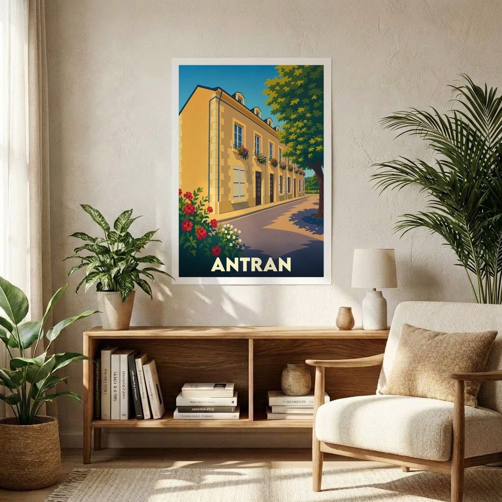 Affiche souvenir de la ville d'Antran avec une illustration stylisée d'une rue ensoleillée et fleurie.