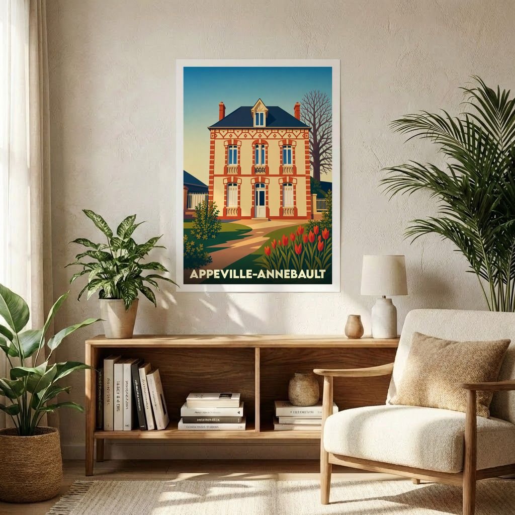 Affiche souvenir de la ville de Appeville-Annebault illustrant une demeure normande traditionnelle dans un style vintage et coloré.