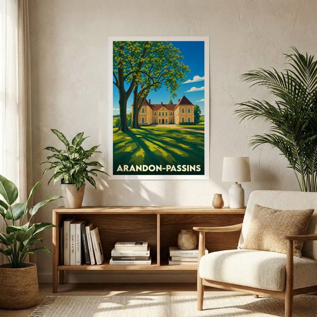 Affiche souvenir de la ville de Arandon-Passins avec une illustration stylisée d'un château.