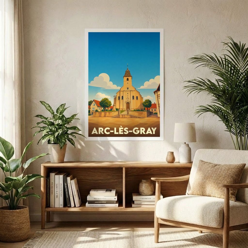 Affiche souvenir de la ville de Arc-lès-Gray avec une illustration stylisée d'une église sous un ciel bleu.