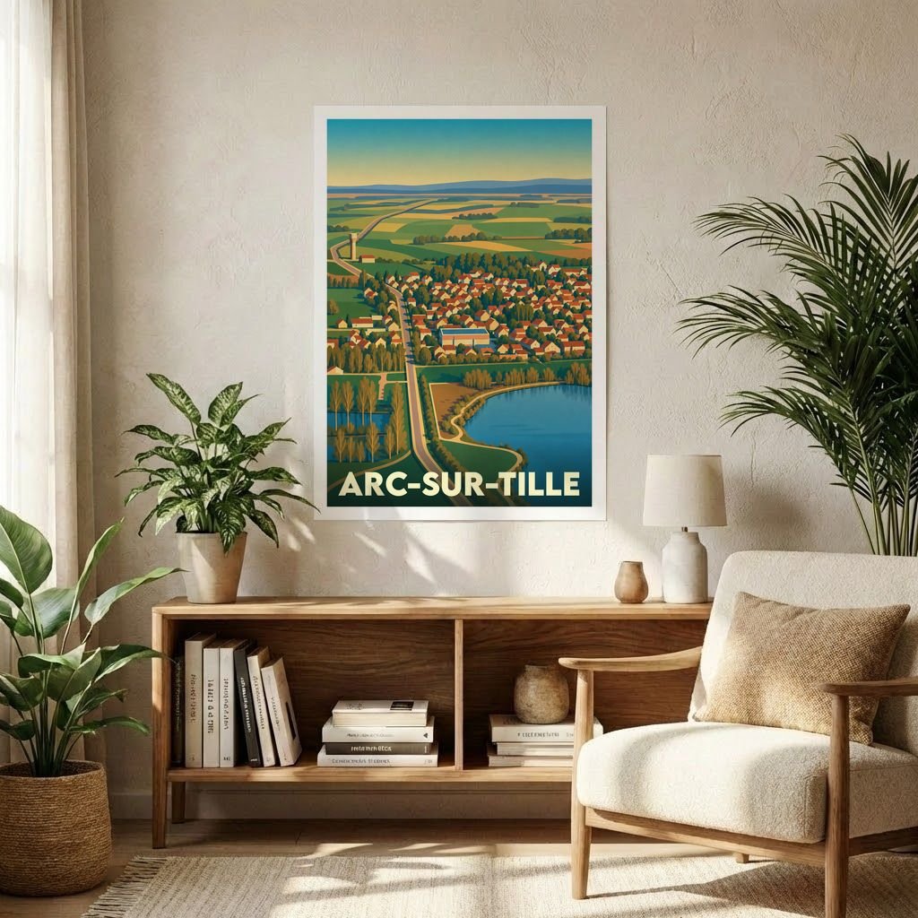 Affiche souvenir de la ville d'Arc-sur-Tille avec une illustration stylisée vue du ciel.