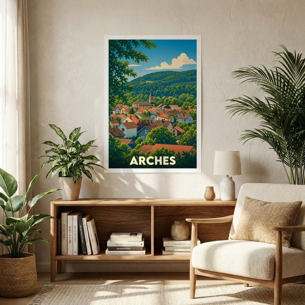 Affiche souvenir de la ville de Arches avec une illustration stylisée d'un village niché dans une vallée verdoyante.