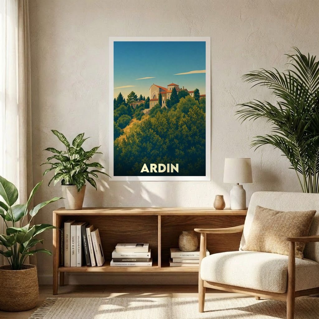 Affiche souvenir de la ville de Ardin avec une illustration stylisée de bâtiments nichés dans une colline boisée.