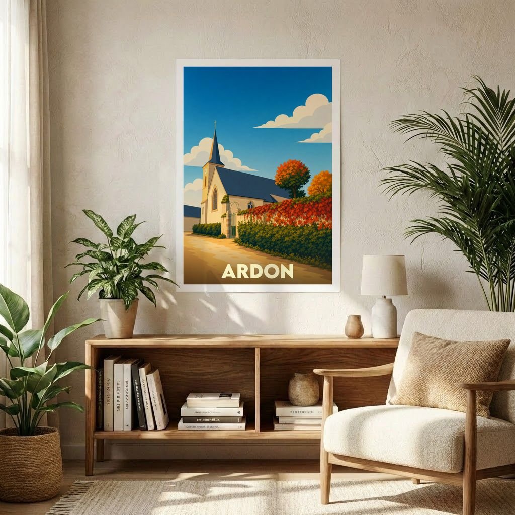 Affiche souvenir de la ville d'Ardon avec une illustration stylisée d'une église et de paysages colorés.